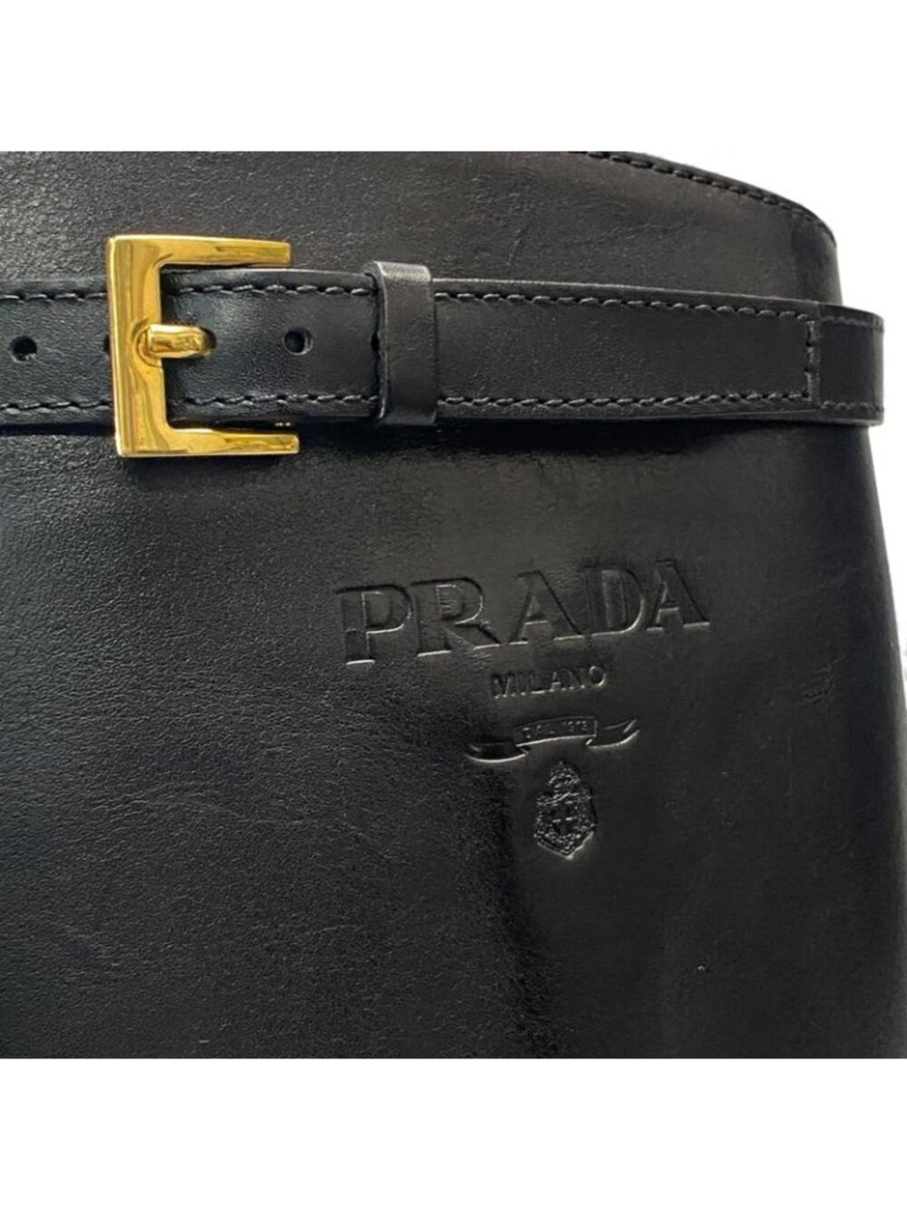 Prada Embossed Logo Long Boots with Buckle Strap 38 Black Leather Shoes Middle - Picture 8 of 11
